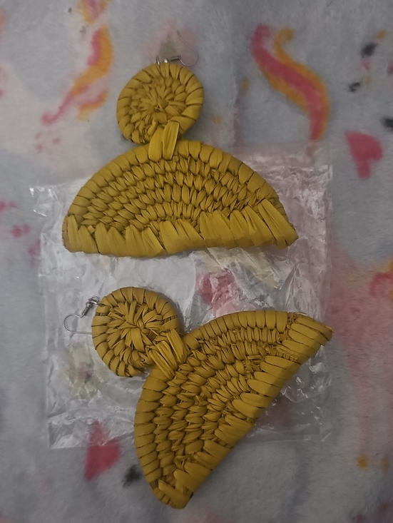 raffia Jewelry - Handwoven Yellow Raffia Fan Drop Earrings